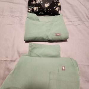 FIGS Green Scrub Set with Black Floral Top